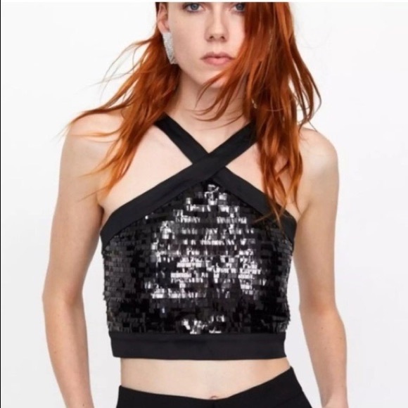 ZARA Contrast Cropped Sleeveless Sequin Halter Top NWT - Picture 3 of 10